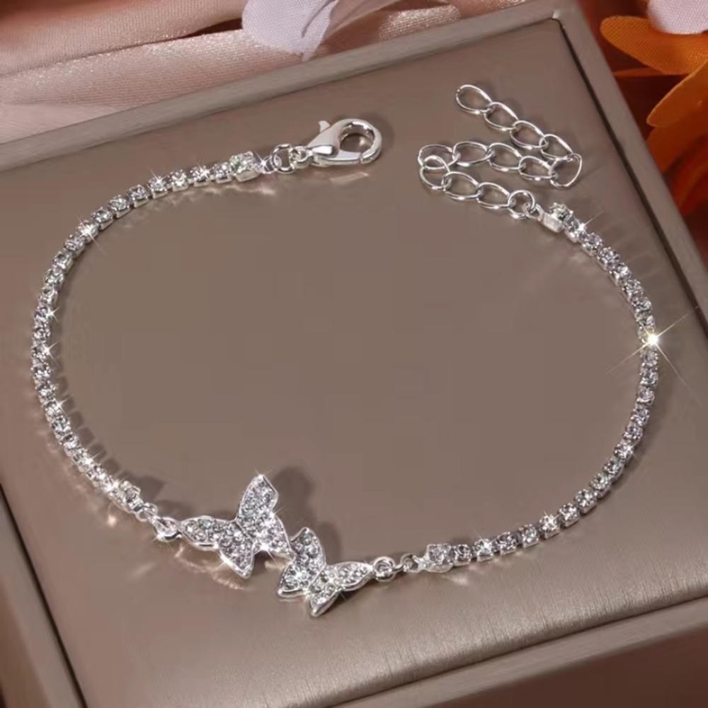 Double butterfly shiny rhinestone chain bracelet